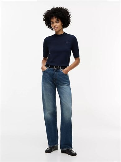 Tommy Hilfiger Kadın Kısa Kol Çizgi Desen Yuvarlak Yaka Regular Fit Lacivert Kazak WW0WW49705-C1G