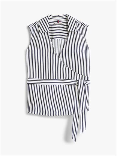 Tommy Hilfiger Kadın Kolsuz V Yaka Göğüs Altından Bağlamalı Beyaz Gömlek WW0WW45884-0FD