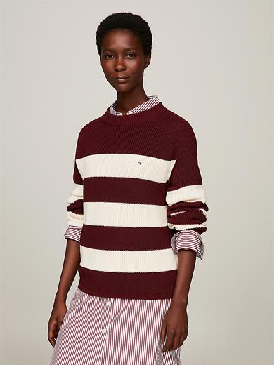 Tommy Hilfiger Kadın Logolu Yuvarlak Yakalı Uzun Kollu Günlük Kullanım Bordo-Beyaz Kazak WW0WW40751-0EY
