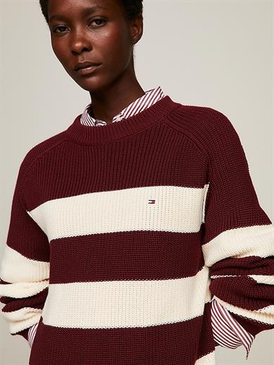 Tommy Hilfiger Kadın Logolu Yuvarlak Yakalı Uzun Kollu Günlük Kullanım Bordo-Beyaz Kazak WW0WW40751-0EY