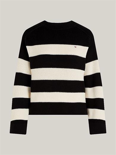 Tommy Hilfiger Kadın Logolu Yuvarlak Yakalı Uzun Kollu Günlük Kullanım Siyah-Beyaz Kazak WW0WW40751-0AS