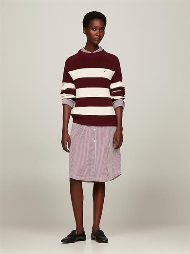 Tommy Hilfiger Kadın Logolu Yuvarlak Yakalı Uzun Kollu Günlük Kullanım Bordo-Beyaz Kazak WW0WW40751-0EY