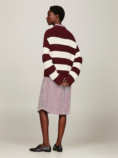Tommy Hilfiger Kadın Logolu Yuvarlak Yakalı Uzun Kollu Günlük Kullanım Bordo-Beyaz Kazak WW0WW40751-0EY