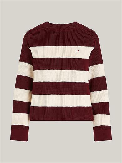 Tommy Hilfiger Kadın Logolu Yuvarlak Yakalı Uzun Kollu Günlük Kullanım Bordo-Beyaz Kazak WW0WW40751-0EY