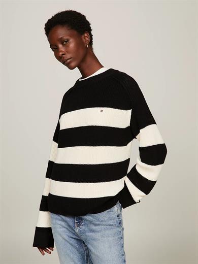 Tommy Hilfiger Kadın Logolu Yuvarlak Yakalı Uzun Kollu Günlük Kullanım Siyah-Beyaz Kazak WW0WW40751-0AS