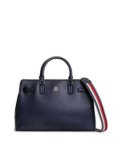 Tommy Hilfiger Kadın Metalik Kabartmalı TH Logolu Şerit Desenli Uzun Askılı Lacivert Kartlık AW0AW19318-DW6