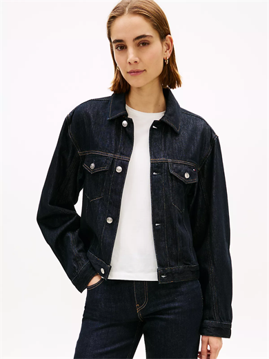Tommy Hilfiger Kadın Normal Kalıp Hafif Düşük Omuzlu Uzun Kollu Pamuklu Denim Lacivert Ceket WW0WW49523-1AP