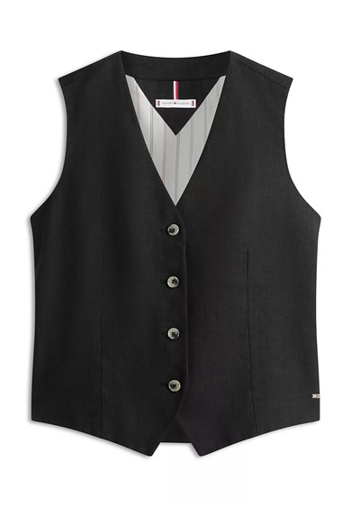 Tommy Hilfiger Kadın Normal Kesim Tek Düğmeli Keten Siyah Yelek WW0WW50765-BDS