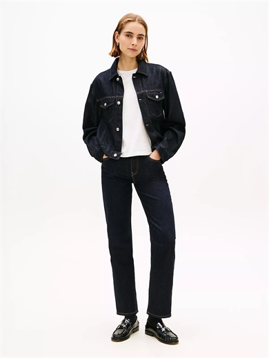 Tommy Hilfiger Kadın Normal Kalıp Hafif Düşük Omuzlu Uzun Kollu Pamuklu Denim Lacivert Ceket WW0WW49523-1AP