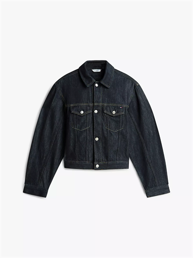 Tommy Hilfiger Kadın Normal Kalıp Hafif Düşük Omuzlu Uzun Kollu Pamuklu Denim Lacivert Ceket WW0WW49523-1AP