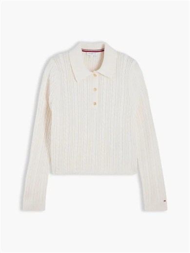 Tommy Hilfiger Kadın Regular Fit Yün İpek Karışımlı Saç Örgülü Üç Düğmeli  Metal Logolu Sarı Kazak WW0WW52222-Z00