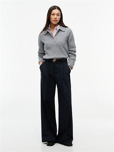 Tommy Hilfiger Kadın Regular Fit Yün İpek Karışımlı Saç Örgülü Üç Düğmeli  Metal Logolu Gri Kazak WW0WW52222-P7D