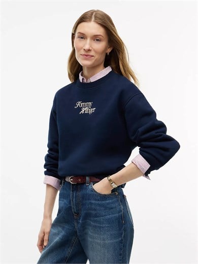 Tommy Hilfiger Kadın Regular Fit Bisiklet Yaka Uzun Kollu Lacivert Sweatshirt WW0WW51598-C1G