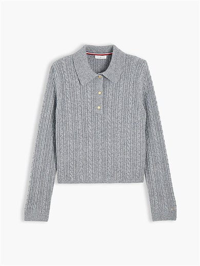 Tommy Hilfiger Kadın Regular Fit Yün İpek Karışımlı Saç Örgülü Üç Düğmeli  Metal Logolu Gri Kazak WW0WW52222-P7D