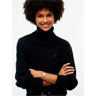 Tommy Hilfiger Kadın Relaxed Fit Saf Yün Saç Örgülü Balıkçı Yaka Reglan Kollu Siyah Sweater WW0WW46791-BDS