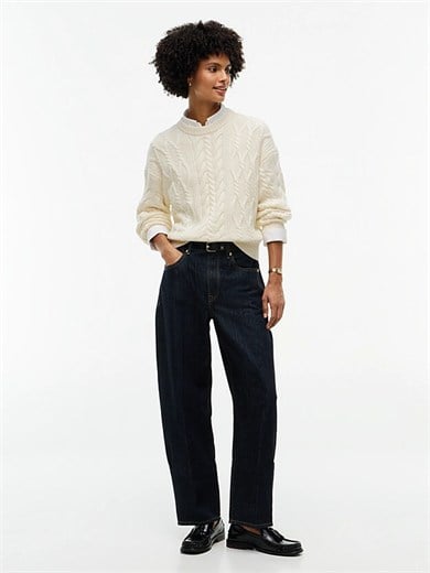 Tommy Hilfiger Kadın Relaxed Fit Yün İpek Karışımlı Saç Örgü Detaylı Bisiklet Yaka Düşük Omuzlu Sarı Kazak WW0WW51396-Z00