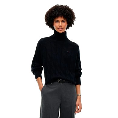 Tommy Hilfiger Kadın Relaxed Fit Saf Yün Saç Örgülü Balıkçı Yaka Reglan Kollu Siyah Sweater WW0WW46791-BDS