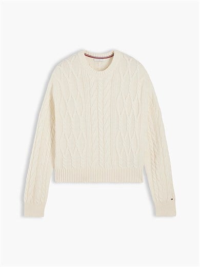 Tommy Hilfiger Kadın Relaxed Fit Yün İpek Karışımlı Saç Örgü Detaylı Bisiklet Yaka Düşük Omuzlu Sarı Kazak WW0WW51396-Z00