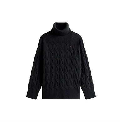 Tommy Hilfiger Kadın Relaxed Fit Saf Yün Saç Örgülü Balıkçı Yaka Reglan Kollu Siyah Sweater WW0WW46791-BDS