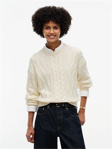 Tommy Hilfiger Kadın Relaxed Fit Yün İpek Karışımlı Saç Örgü Detaylı Bisiklet Yaka Düşük Omuzlu Sarı Kazak WW0WW51396-Z00