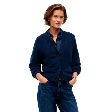 Tommy Hilfiger Kadın Regular Fit Geri Dönüştürülmüş Yün V Yaka Düğmeli Uzun Kollu Lacivert Kazak WW0WW52367-C1G
