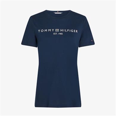 Tommy Hilfiger Kadın Saf Pamuklu Yuvarlak Yaka Göğüste Logolu Kısa Kollu Lacivert Bluz WW0WW40276-C1G