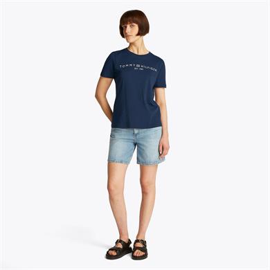 Tommy Hilfiger Kadın Saf Pamuklu Yuvarlak Yaka Göğüste Logolu Kısa Kollu Lacivert Bluz WW0WW40276-C1G
