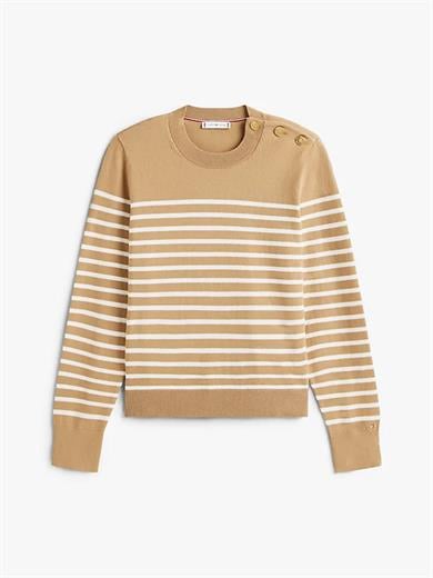 Tommy Hilfiger Kadın Saf Pamuklu Normal Kalıp Çizgili Gold Düğme Detaylı Uzun Kollu Örgü Bej Kazak WW0WW47305-0AF