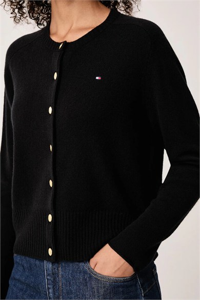 Tommy Hilfiger Kadın Slim Fit %100 Yün Yumuşak Jarse Örme Uzun Kollu Siyah Hırka WW0WW51439-BDS