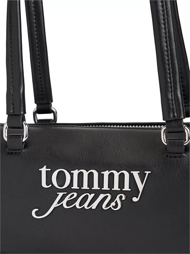 Tommy Hilfiger Kadın Suni Deri Fermuarlı Astarlı İç Fermuar Cepli Çift Saplı Siyah Omuz Çantası AW0AW19055-BDS