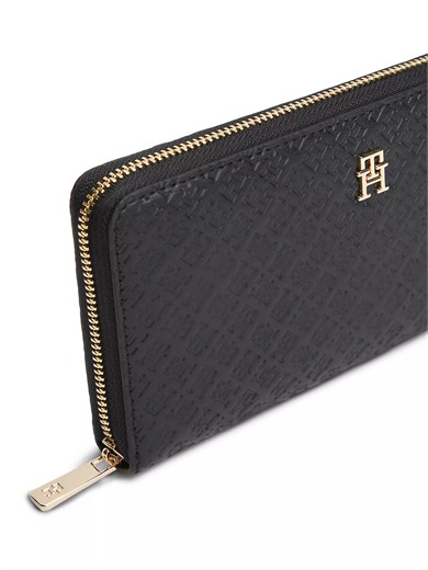 Tommy Hilfiger Kadın TH Monogram Logo Kabartmalı Fermuarlı Siyah Cüzdan AW0AW18482-BDS