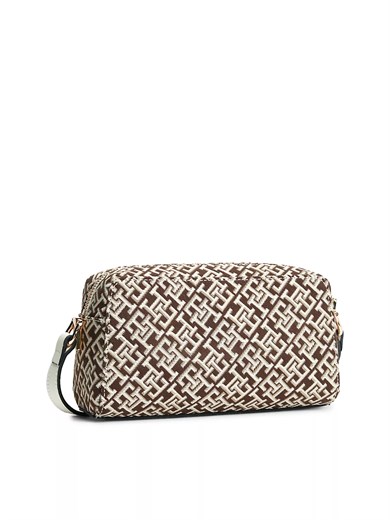 Tommy Hilfiger Kadın TH Monogram Desenli Fermuarlı Bej Omuz Çantası AW0AW18864-0F4