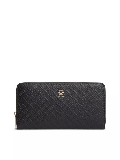 Tommy Hilfiger Kadın TH Monogram Logo Kabartmalı Fermuarlı Siyah Cüzdan AW0AW18482-BDS