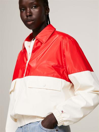 Tommy Hilfiger Kadın Uzun Kollu Fermuarlı Marka Logolu Beyaz-Kırmızı Ceket WW0WW40472-0K9