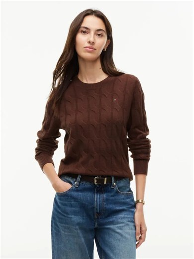 Tommy Hilfiger Kadın Yuvarlak Yaka Yünlü Örme Uzun Kollu Kahverengi Kazak WW0WW43586-GV0