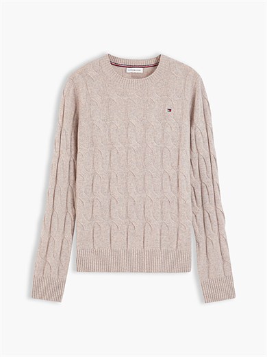 Tommy Hilfiger Kadın Yuvarlak Yaka Yünlü Örme Uzun Kollu Bej Kazak WW0WW43586-HH0
