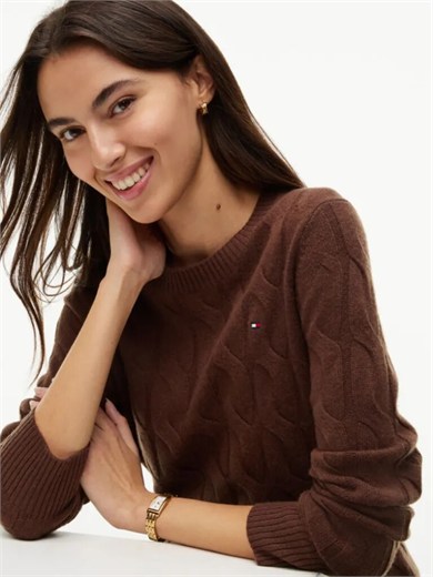 Tommy Hilfiger Kadın Yuvarlak Yaka Yünlü Örme Uzun Kollu Kahverengi Kazak WW0WW43586-GV0