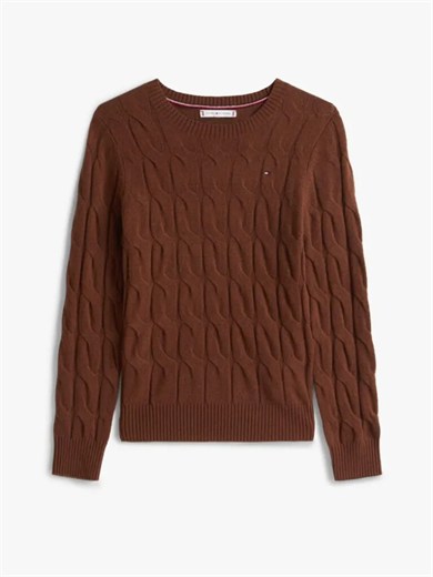 Tommy Hilfiger Kadın Yuvarlak Yaka Yünlü Örme Uzun Kollu Kahverengi Kazak WW0WW43586-GV0