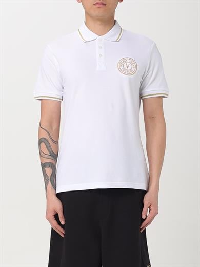 Versace Erkek Polo Yaka Kol ve Yaka Ucu Şerit Detaylı Beyaz-Altın Polo Yaka T-Shirt 78GAGT00CJ01T-G03