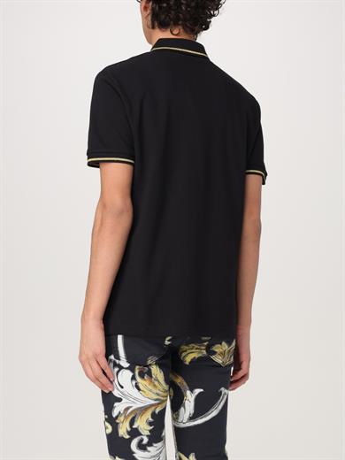 Versace Erkek Polo Yaka Kol ve Yaka Ucu Şerit Detaylı Siyah-Altın Polo Yaka T-Shirt 78GAGT00CJ01T-G89
