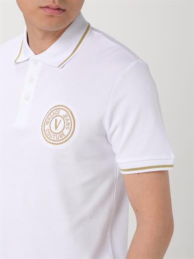Versace Erkek Polo Yaka Kol ve Yaka Ucu Şerit Detaylı Beyaz-Altın Polo Yaka T-Shirt 78GAGT00CJ01T-G03