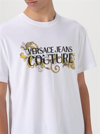 Versace Erkek Bisiklet Yaka Kısa Kol Versace Yazı ve Desenli Beyaz T-Shirt 78GAHC05CJ01C-G03