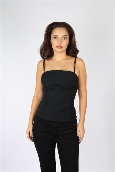 Versace Kadın Dokuma Kumaş İp Askılı Arkası Fermuar Kapamalı Dar Kalıp Siyah T-Shirt 78HAM224N0356-899