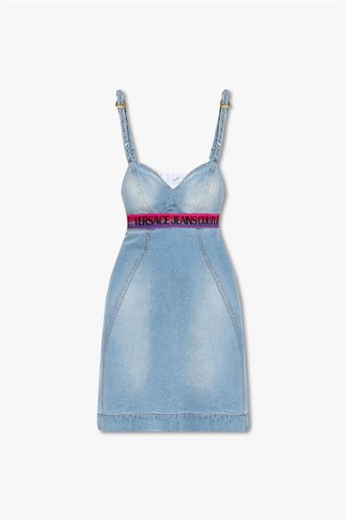 Versace Kadın Pamuklu Marka  Logolu Mavi Elbise 74HAO951 DW009L01-904