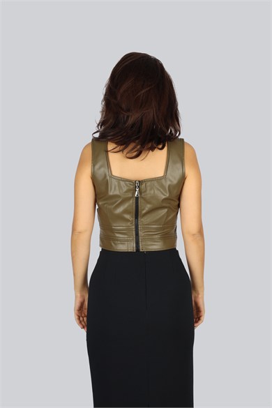 Ysatiss Kadın Normal Kalıp Kare Yaka Askılı Crop Haki Bluz KYS5000103-HAKİ