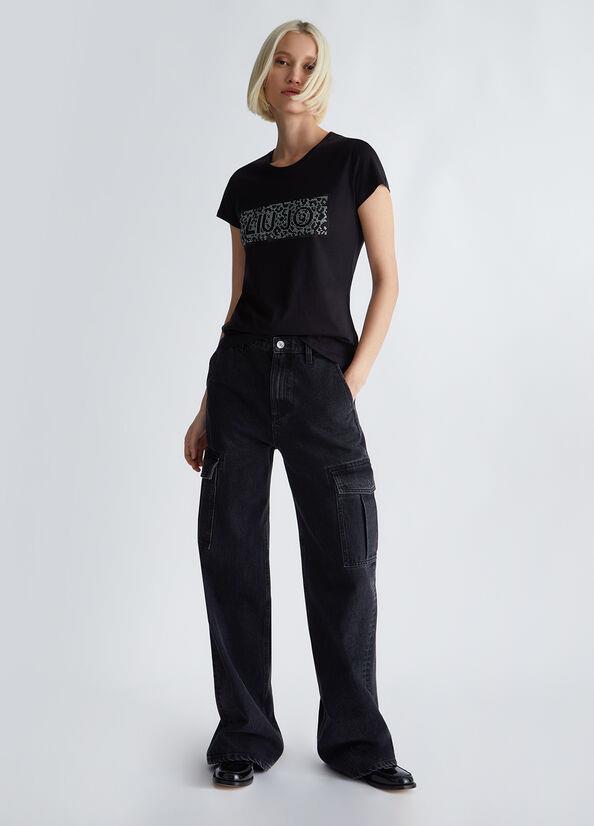 L u Jo Kad n Marka Logo Detayl K sa Kollu Yuvarlak Yakal Siyah2 T Shirt WF3085J6308 Q9661