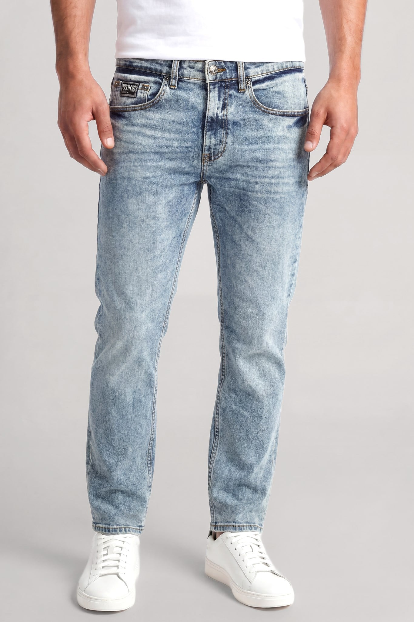 Versace Erkek Normal Bel Düz Paçalı Pamuklu Denim Mavi Pantolon