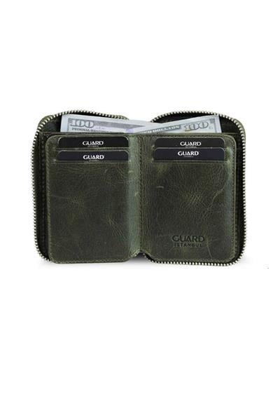 Guard Fermuarlı Antik Yeşil Deri Mini Cüzdan