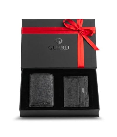 Guard Hakiki Deri Erkek Cüzdan & Kartlık Seti – Özel Hediye Kutulu Siyah Premium Set