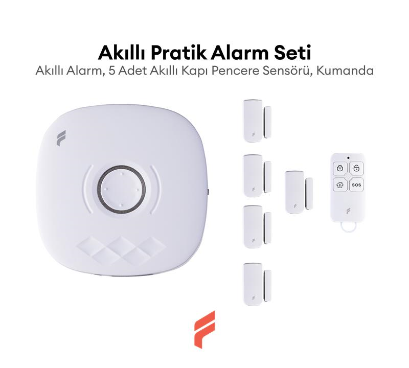 Akıllı Pratik Alarm Seti; Akıllı Alarm, 5 Adet Akıllı Kapı Pencere Sensörü, Kumanda, Yüksek Sesli
